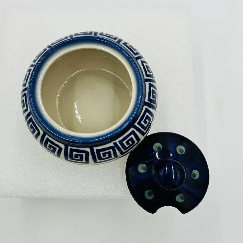 Boleslawiec Polish Pottery Hand Painted Greek Key Pattern Sugar/Jam Bowl w/Lid